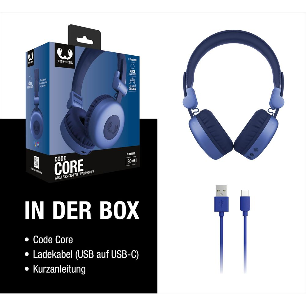 Blaue Kopfhörer, Verpackung und Ladekabel mit USB-C.