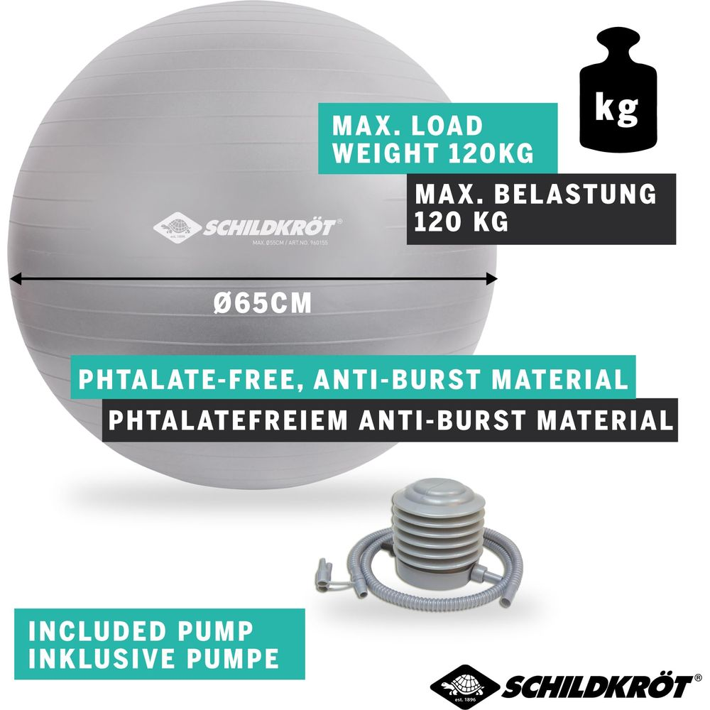 Grauer Gymnastikball 65cm, max. Last 120kg, phthalatfrei, inkl. Pumpe.