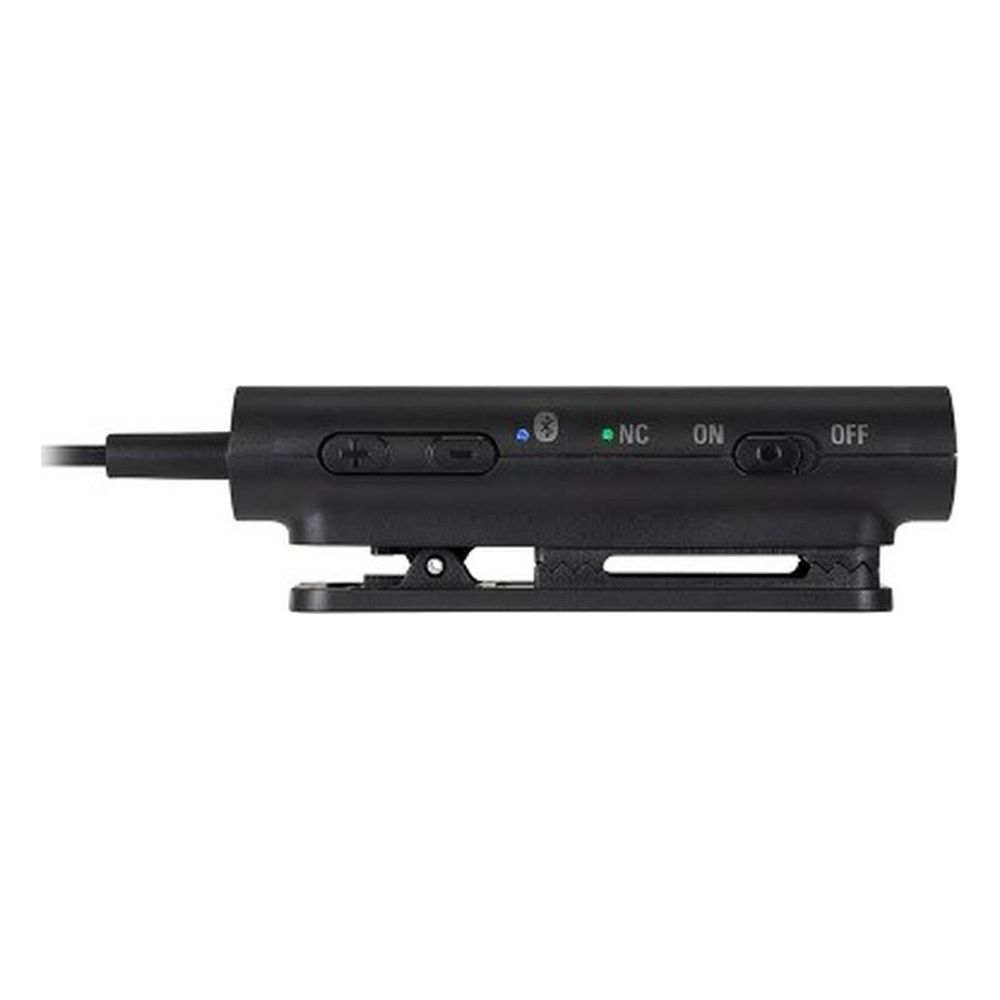Schwarzer Clip mit Tasten: Lauter, Leiser, NC, ON, OFF und Bluetooth-Symbol.