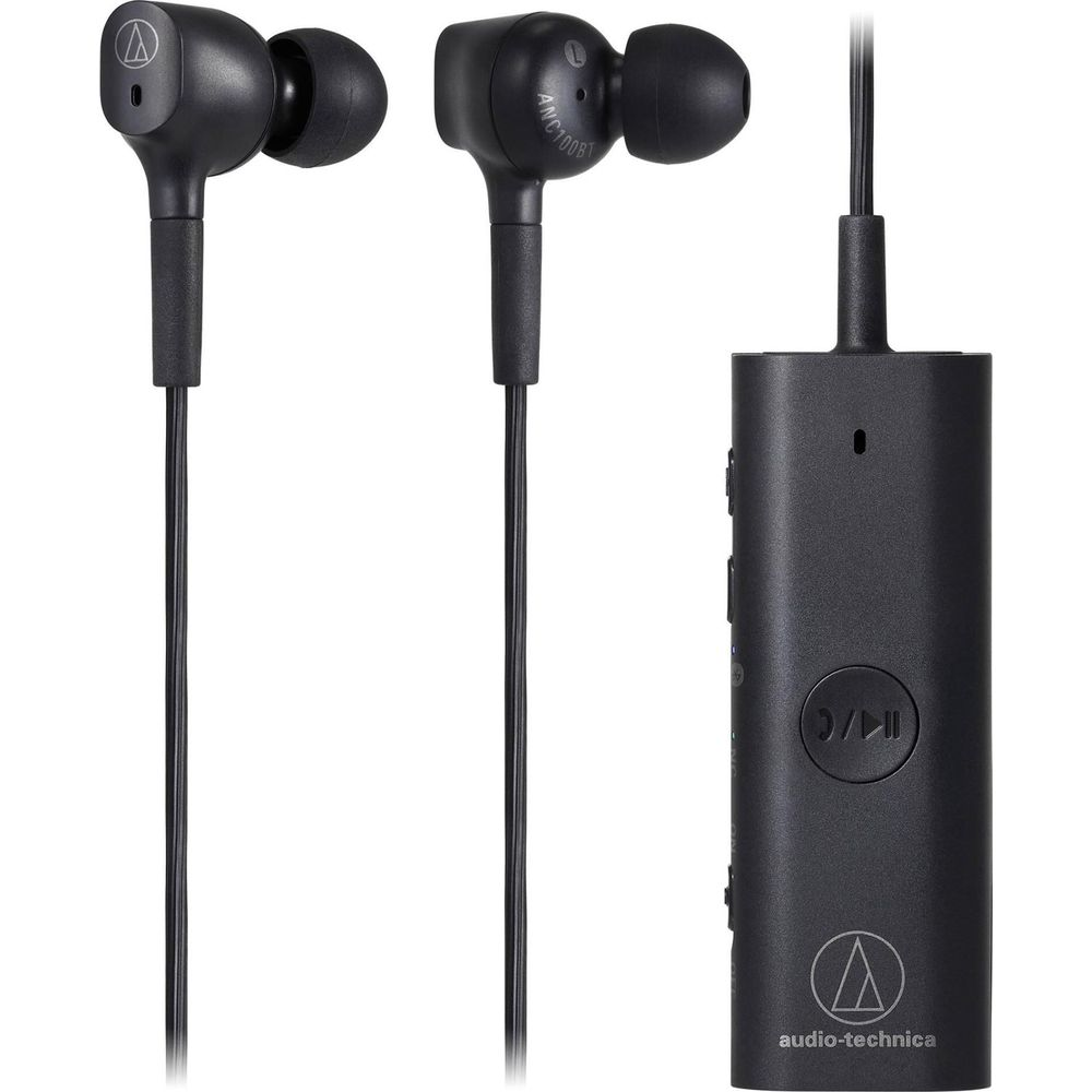 Schwarze In-Ear-Kopfhörer mit Audiotechnik-Logo und Modul.