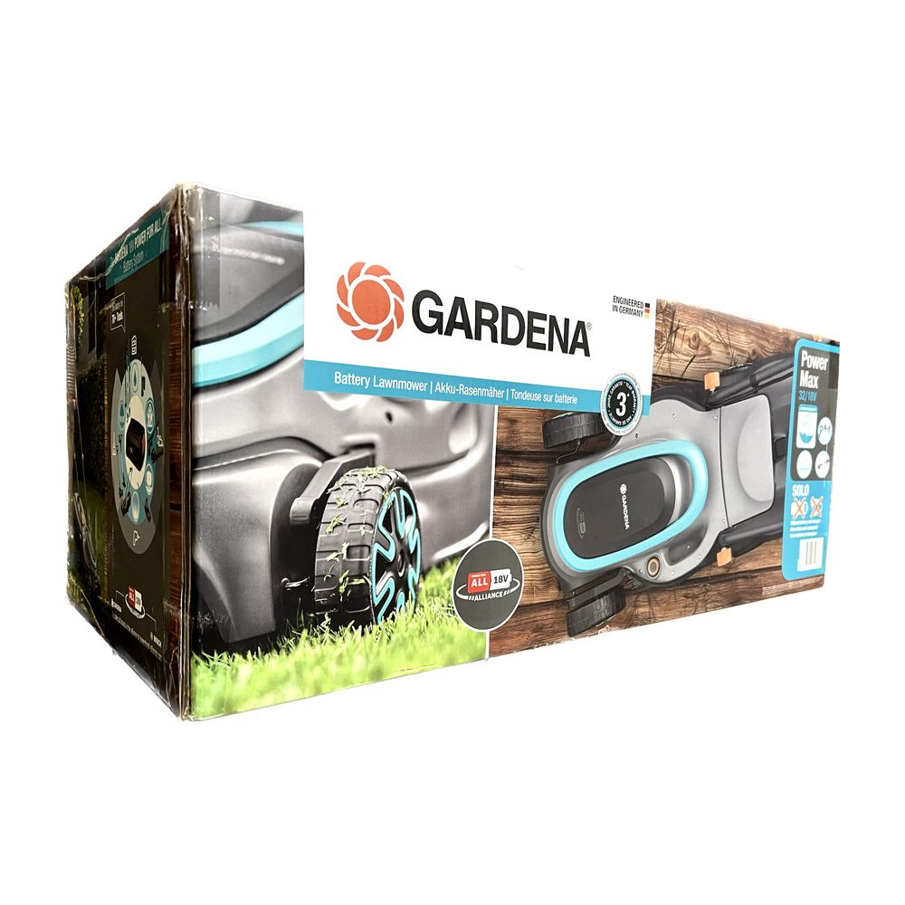 GARDENA Akku-Rasenmäher-Verpackung mit Modellansicht und technischen Details.