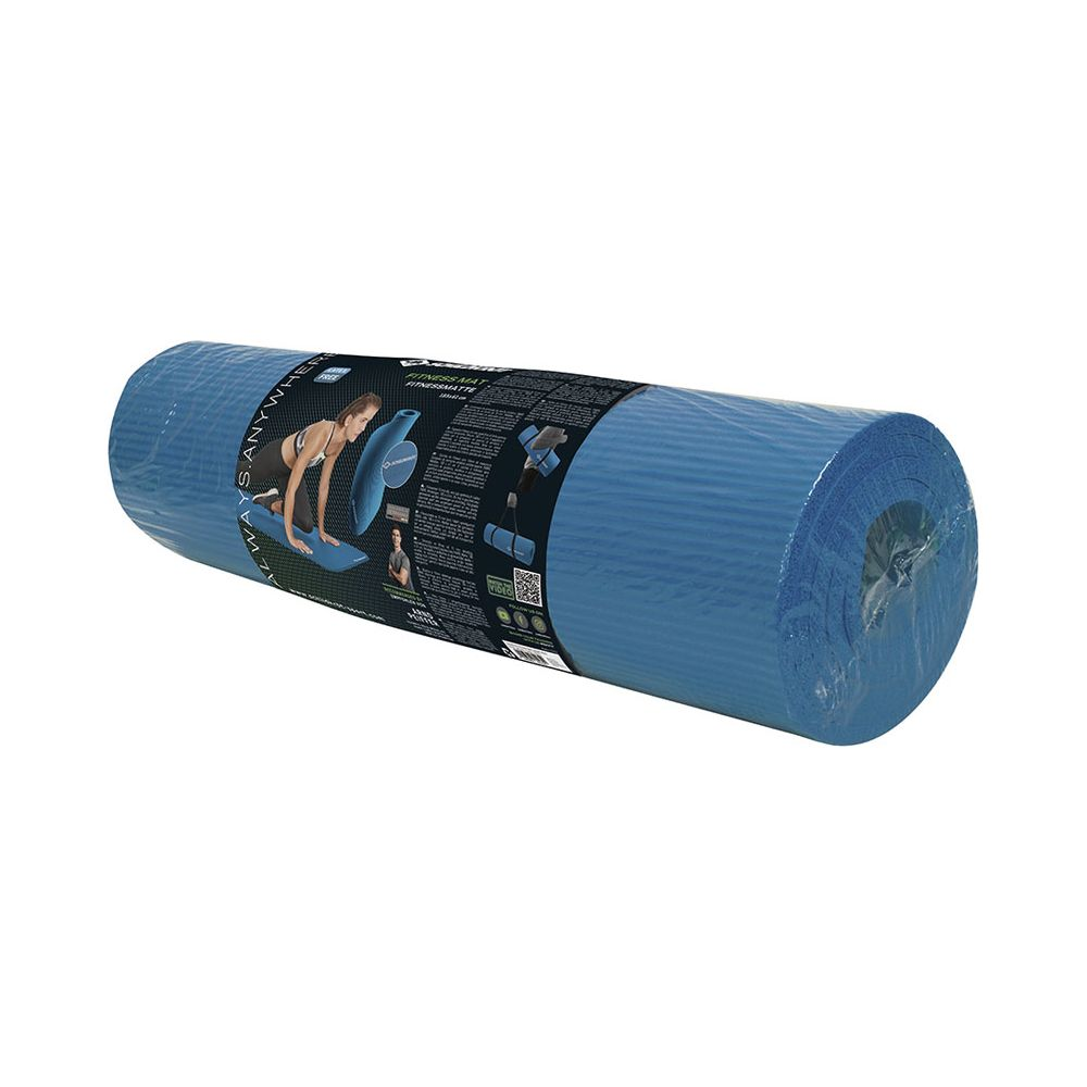 Un tappetino fitness blu è arrotolato e imballato in plastica.