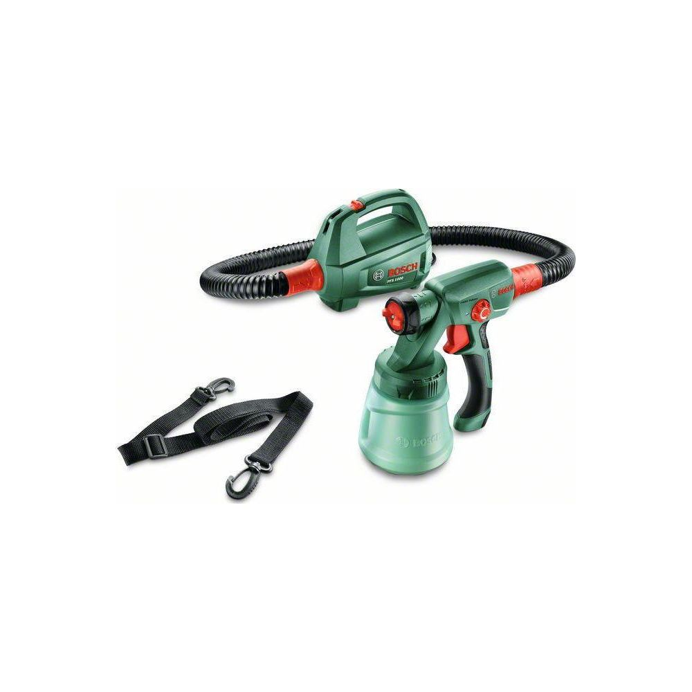 Sistema di spruzzatura vernice Bosch verde con tubo e cinghia.