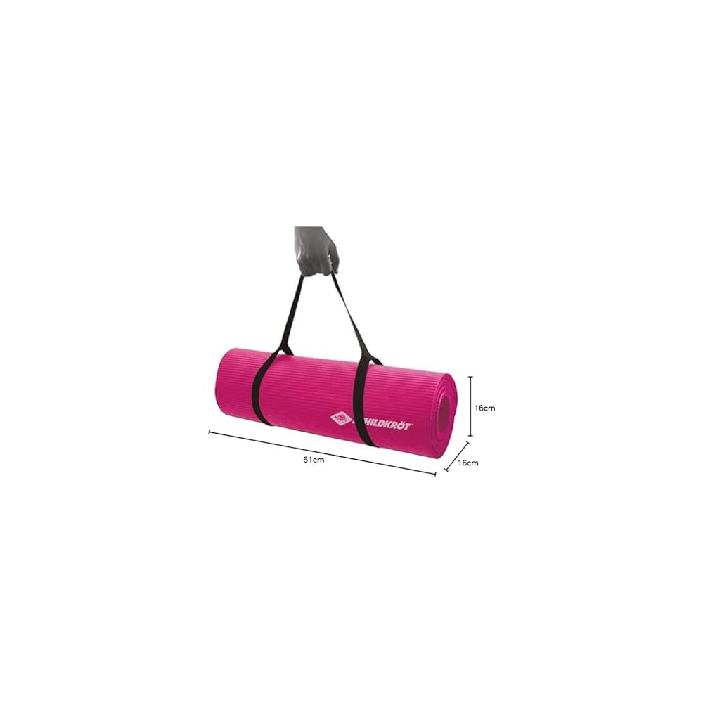 Un tapis de yoga rose avec des sangles et des dimensions.