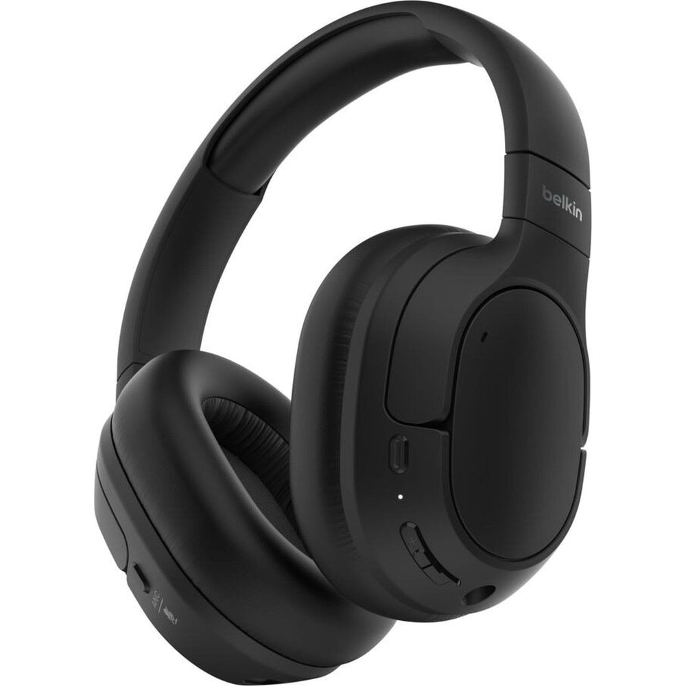 Casque Belkin noir avec arceau et coussinets, sur fond blanc.