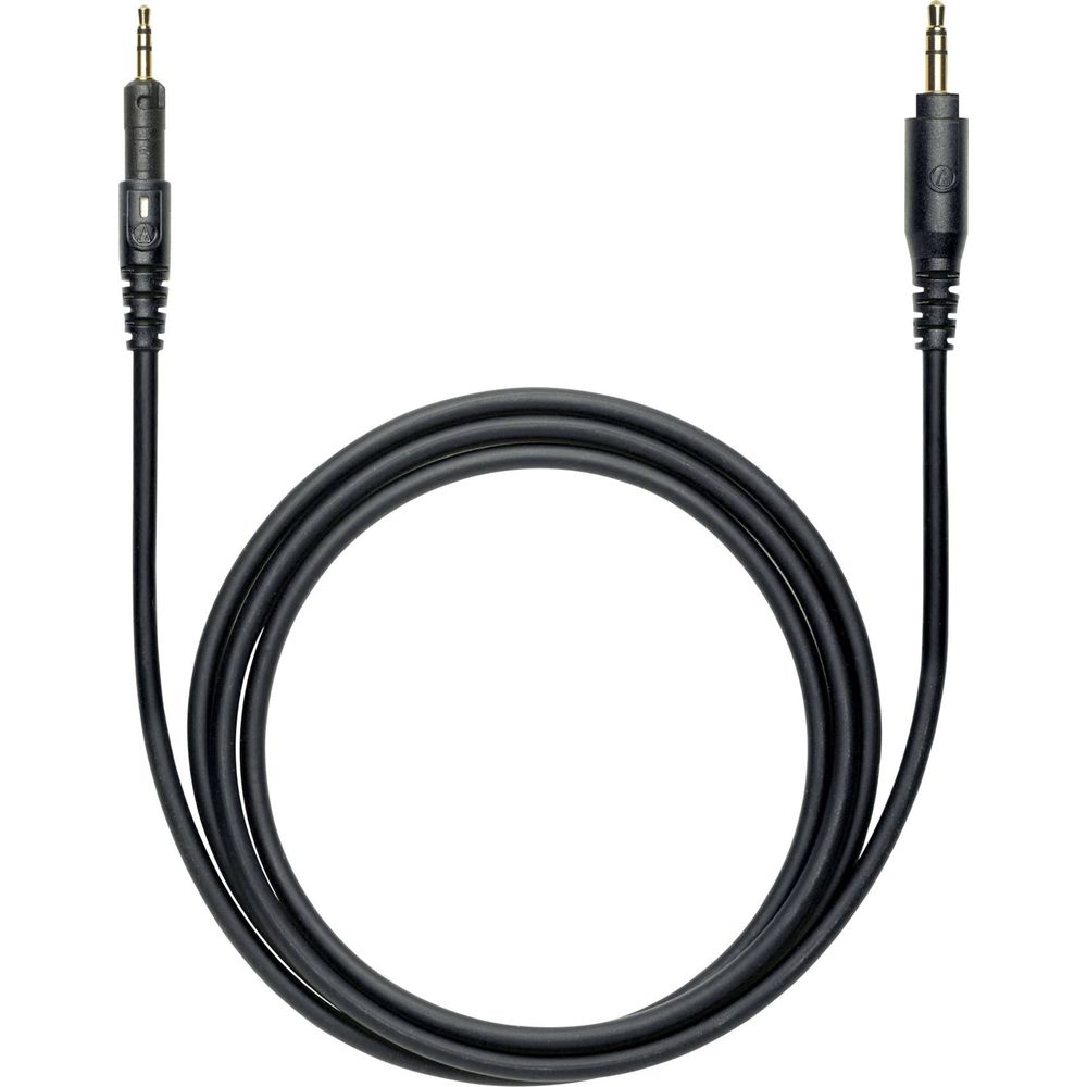 Black audio cable with two 3.5mm plugs, coiled.