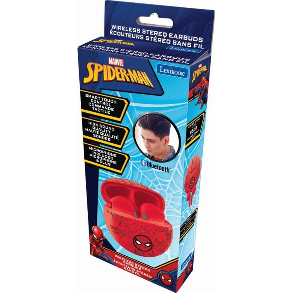 Embalaje de auriculares inalámbricos Marvel Spider-Man con estuche de carga rojo.
