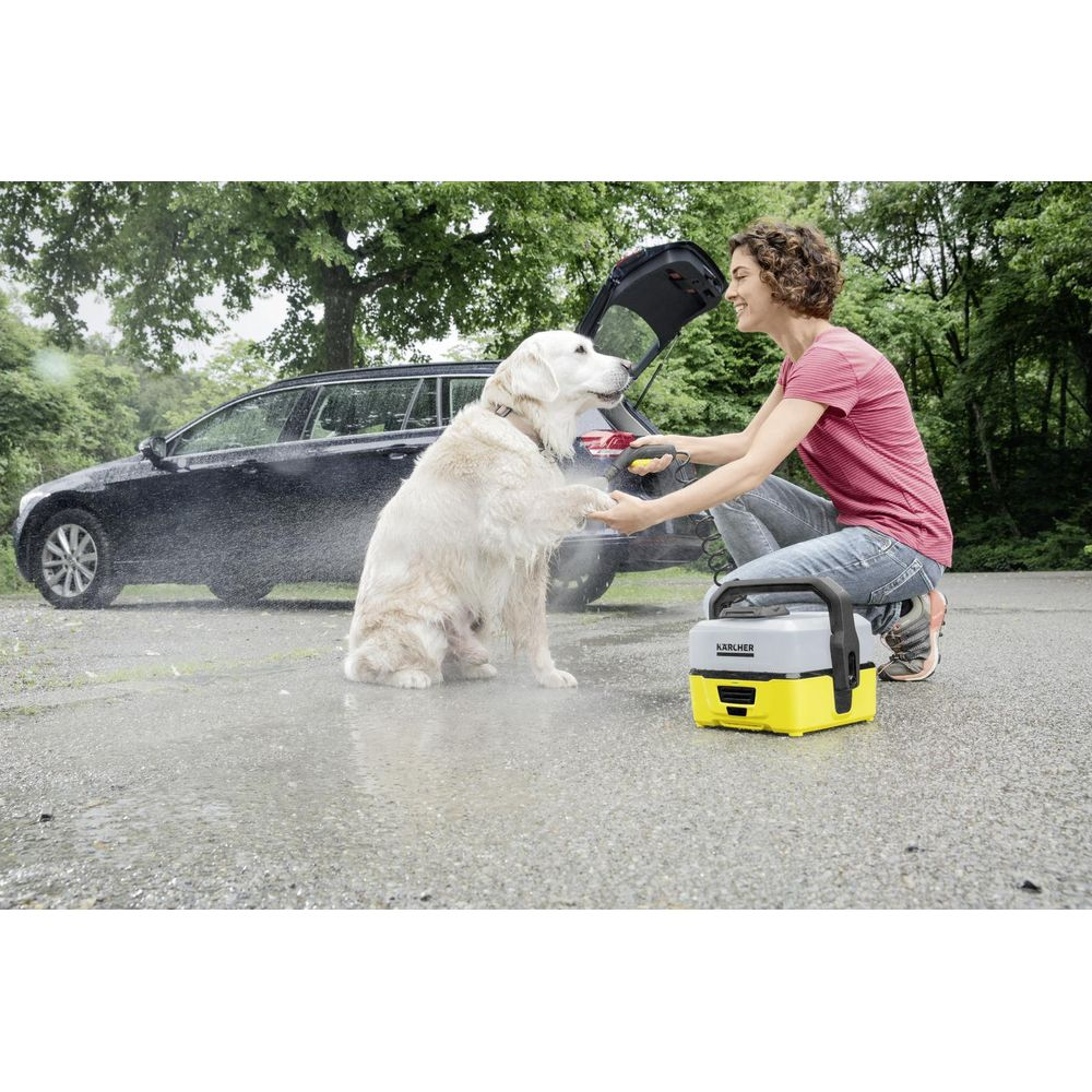 Kobieta myje psa przed samochodem środkiem Karcher. Krople wody na ziemi.