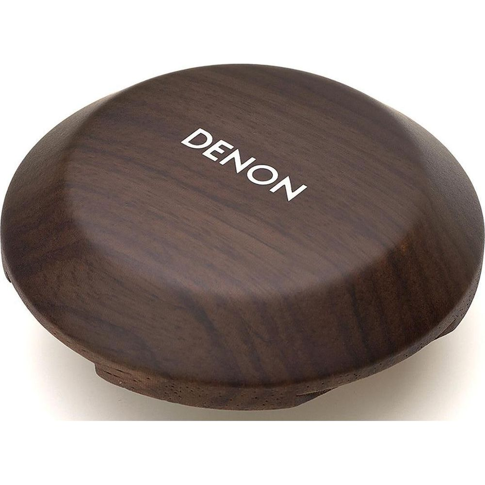 Cuffia marrone scuro, venature del legno, con scritta DENON bianca.