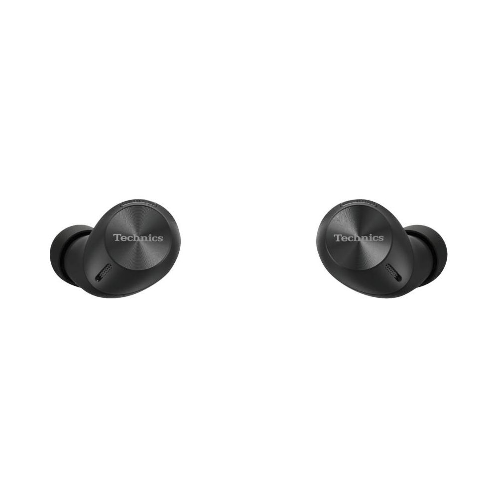 Due auricolari Technics neri su sfondo bianco.