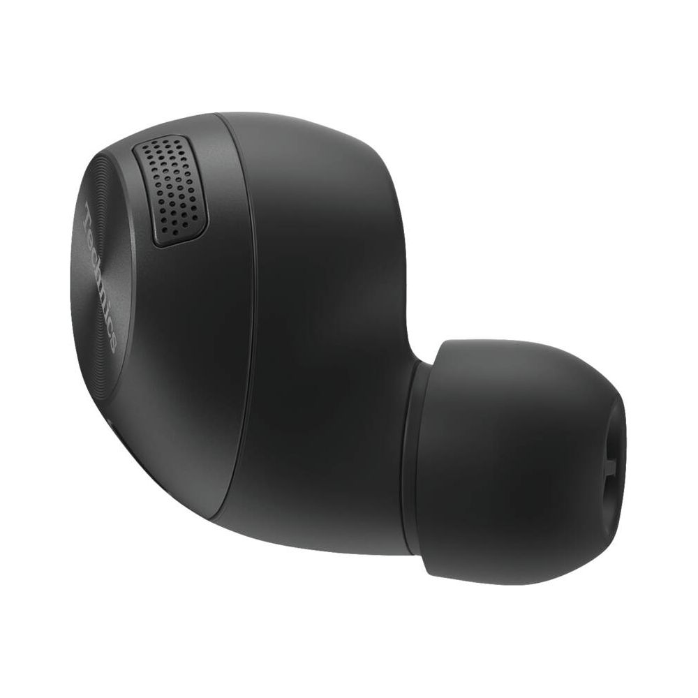 Auricolare wireless nero con motivo altoparlante e testo del marchio.
