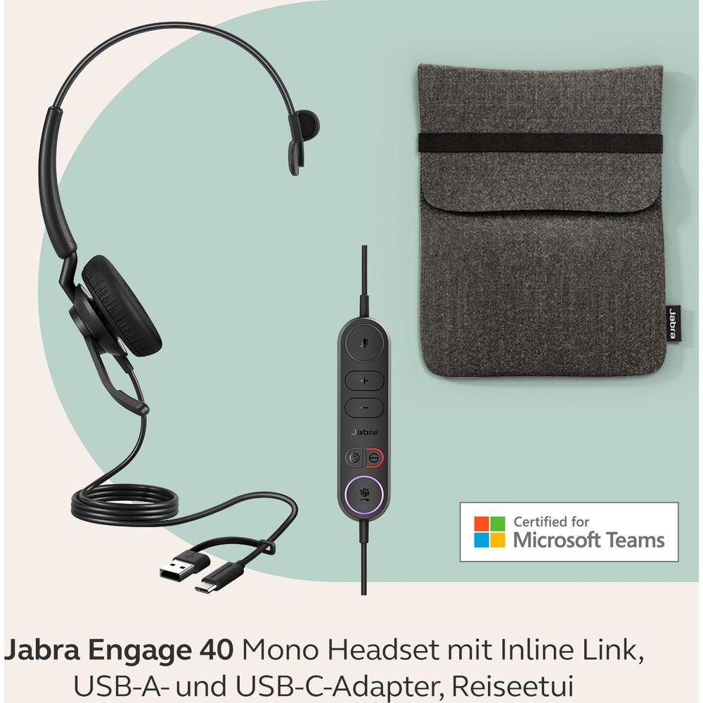 Cuffie Jabra Engage 40 Mono con custodia, link in linea e adattatore USB-A/C.