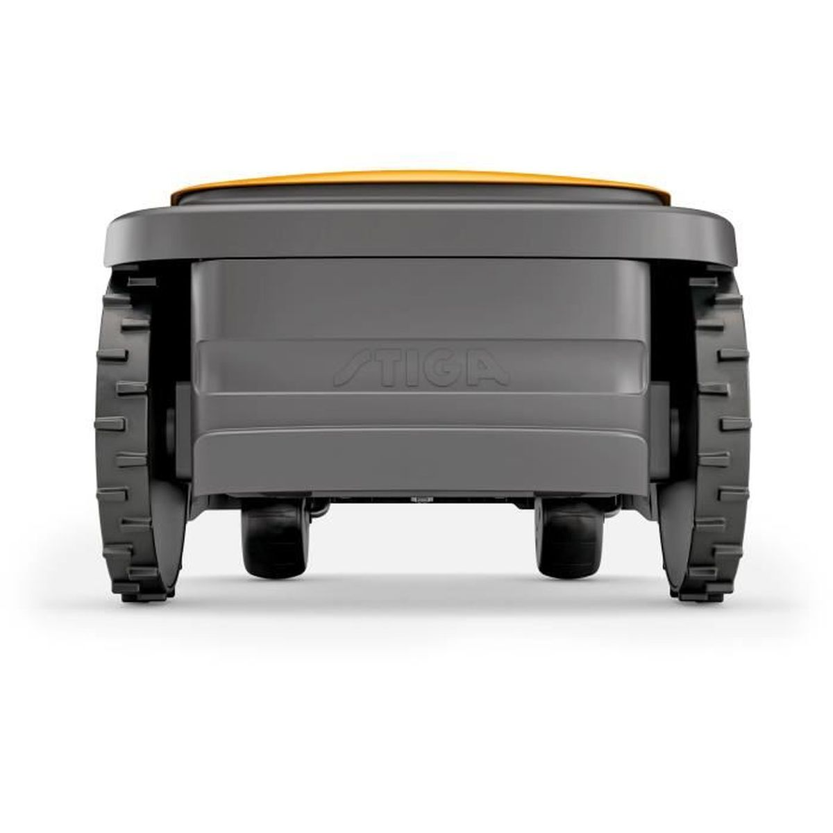Un robot cortacésped gris con parte superior amarilla y ruedas grandes.
