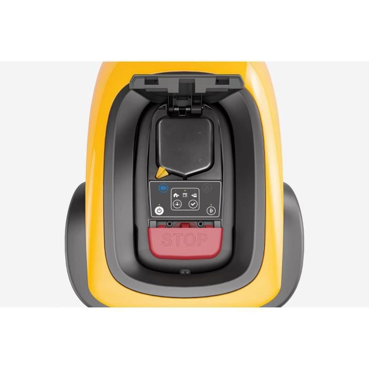 Cortacésped amarillo con botón de parada rojo y panel de control.