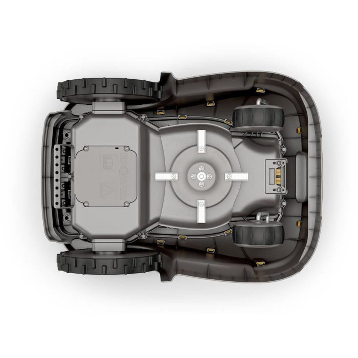 Vista superior de un robot cortacésped con ruedas, plato de corte y chasis.