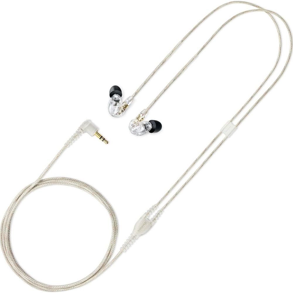 Przezroczyste słuchawki douszne z czarnymi końcówkami i białym kablem.