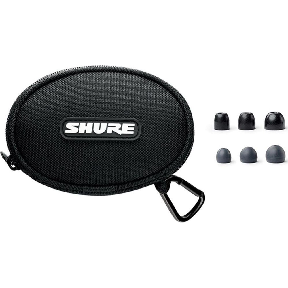 Czarna obudowa Shure z klipsami i sześcioma końcówkami w dwóch rozmiarach.