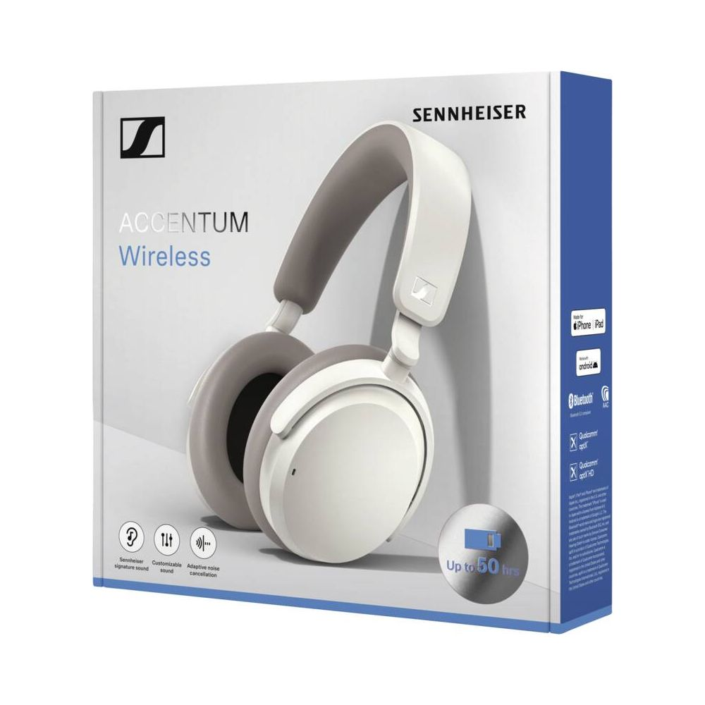 Opakowanie słuchawek Sennheiser Accentum Wireless w kolorze białym i szarym.