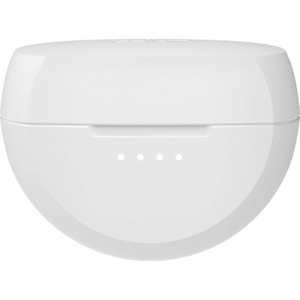 Białe etui ładujące z czterema podświetlonymi kropkami.