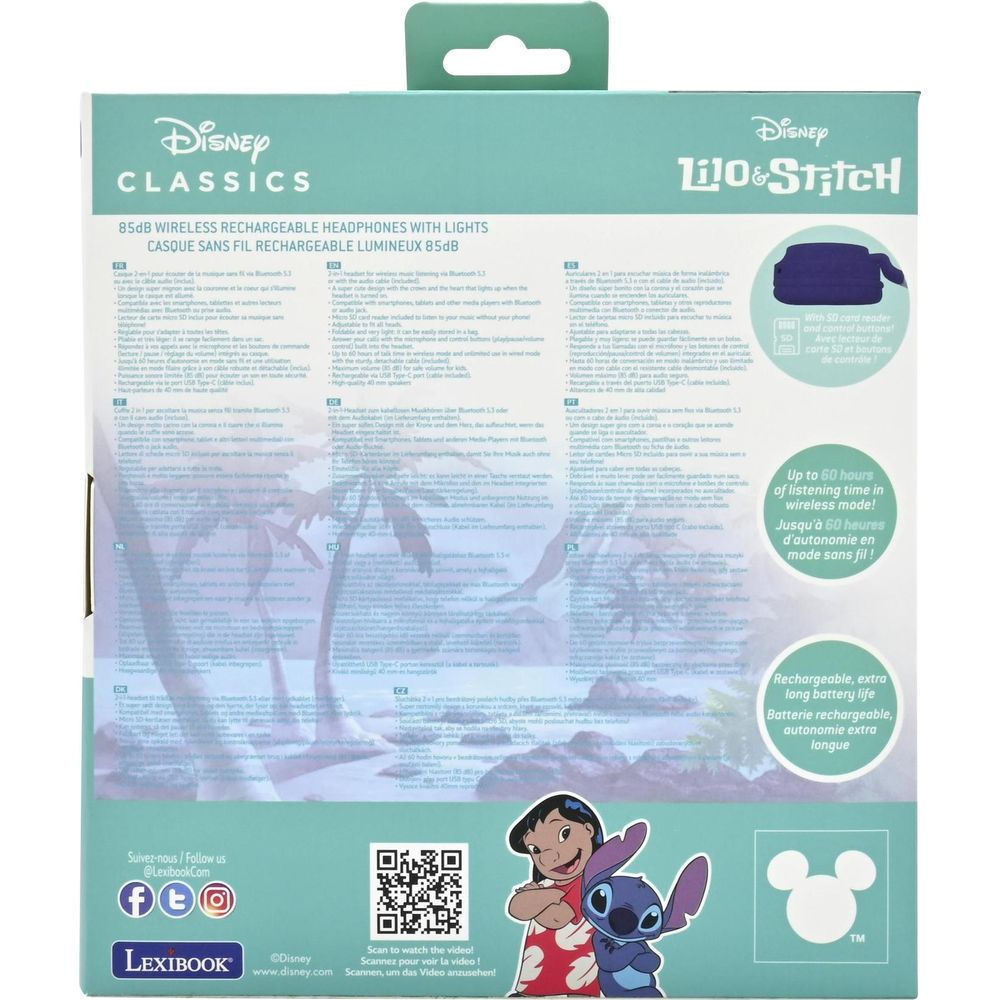 Opakowanie z Lilo & Stitch, słuchawkami Disney Classics i tekstem w wielu językach.