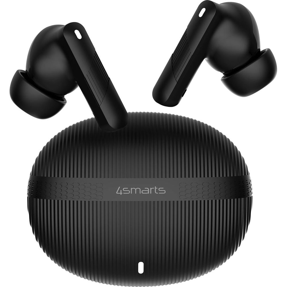 Czarne bezprzewodowe słuchawki z etui ładującym i prążkowaną teksturą.