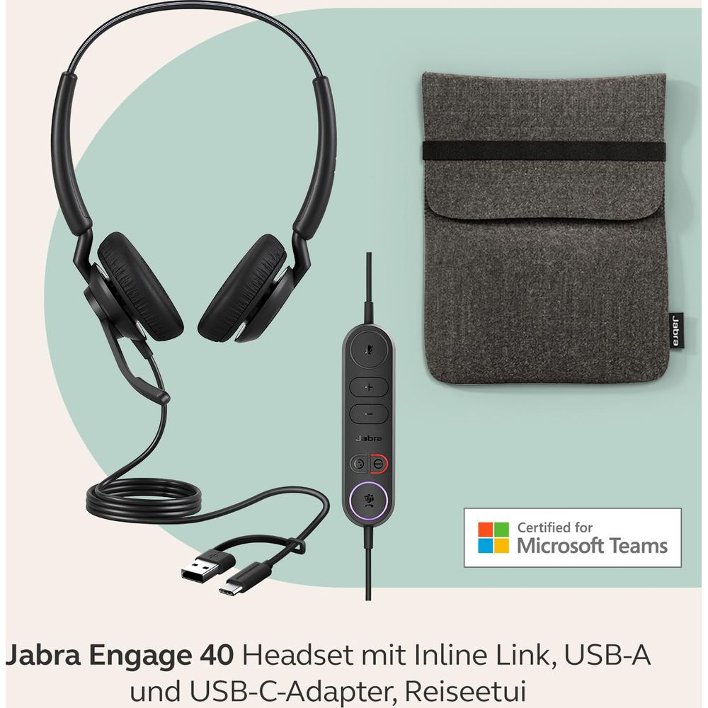 Czarne słuchawki Jabra Engage 40 z łączem inline, adapterami USB-A i USB-C.