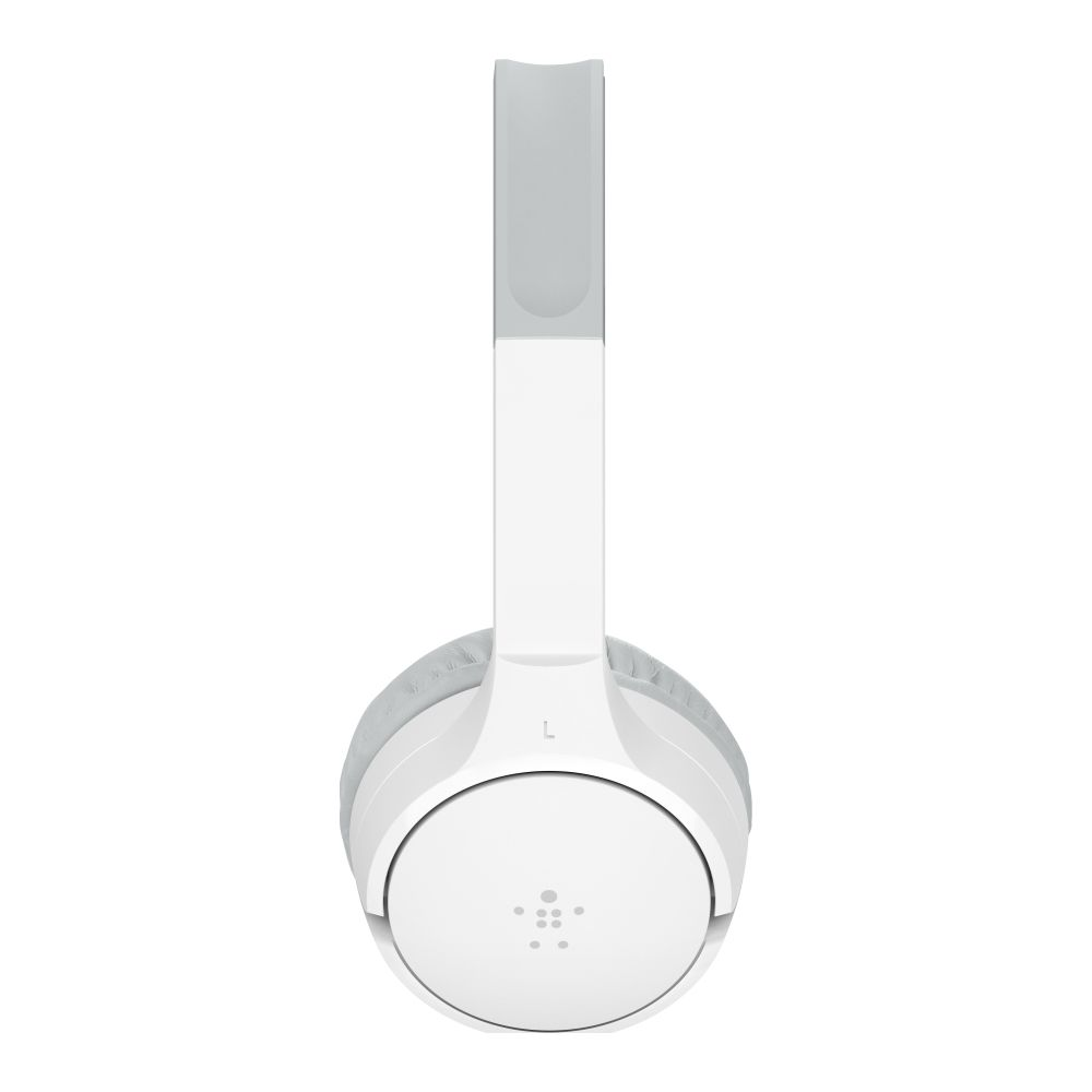 Białe i szare słuchawki z lewą słuchawką w centrum uwagi.