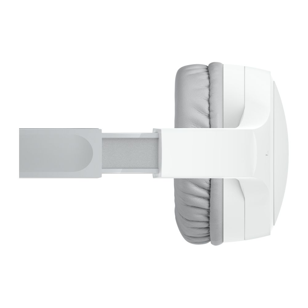 Biały detal słuchawek z wyściełanym nausznikiem i regulowanym pałąkiem.