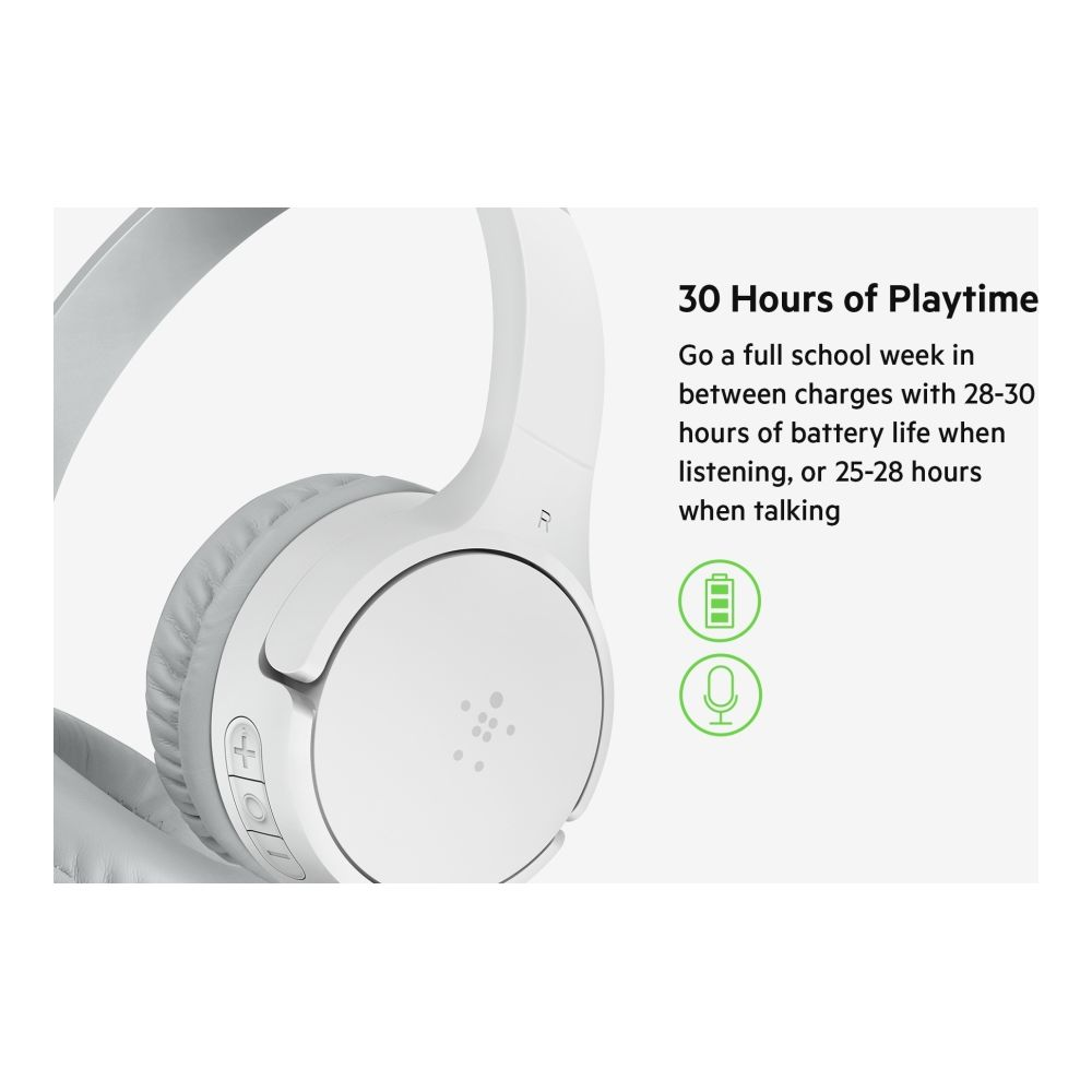 Białe słuchawki z tekstem informującym o 30 godzinach pracy.