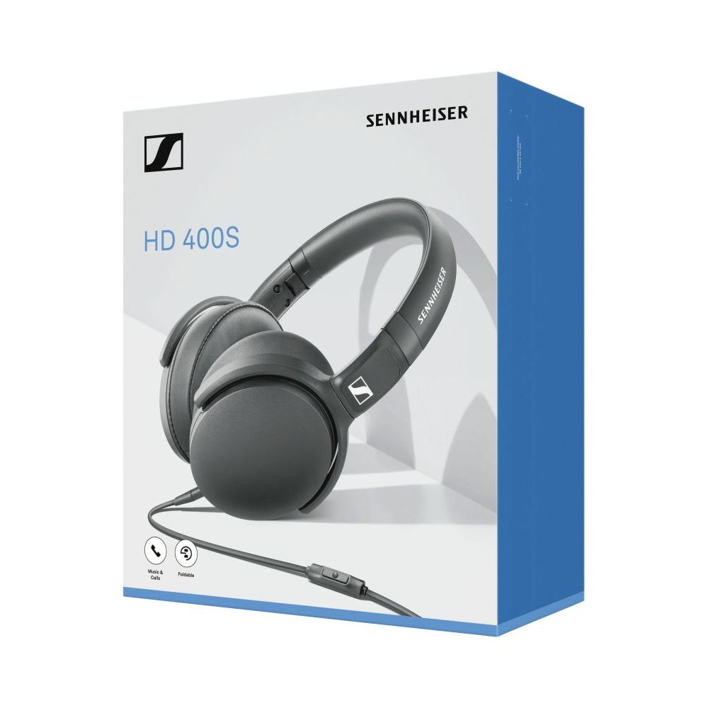 Sennheiser HD 400S koptelefoon op witte doos met blauwe accenten.