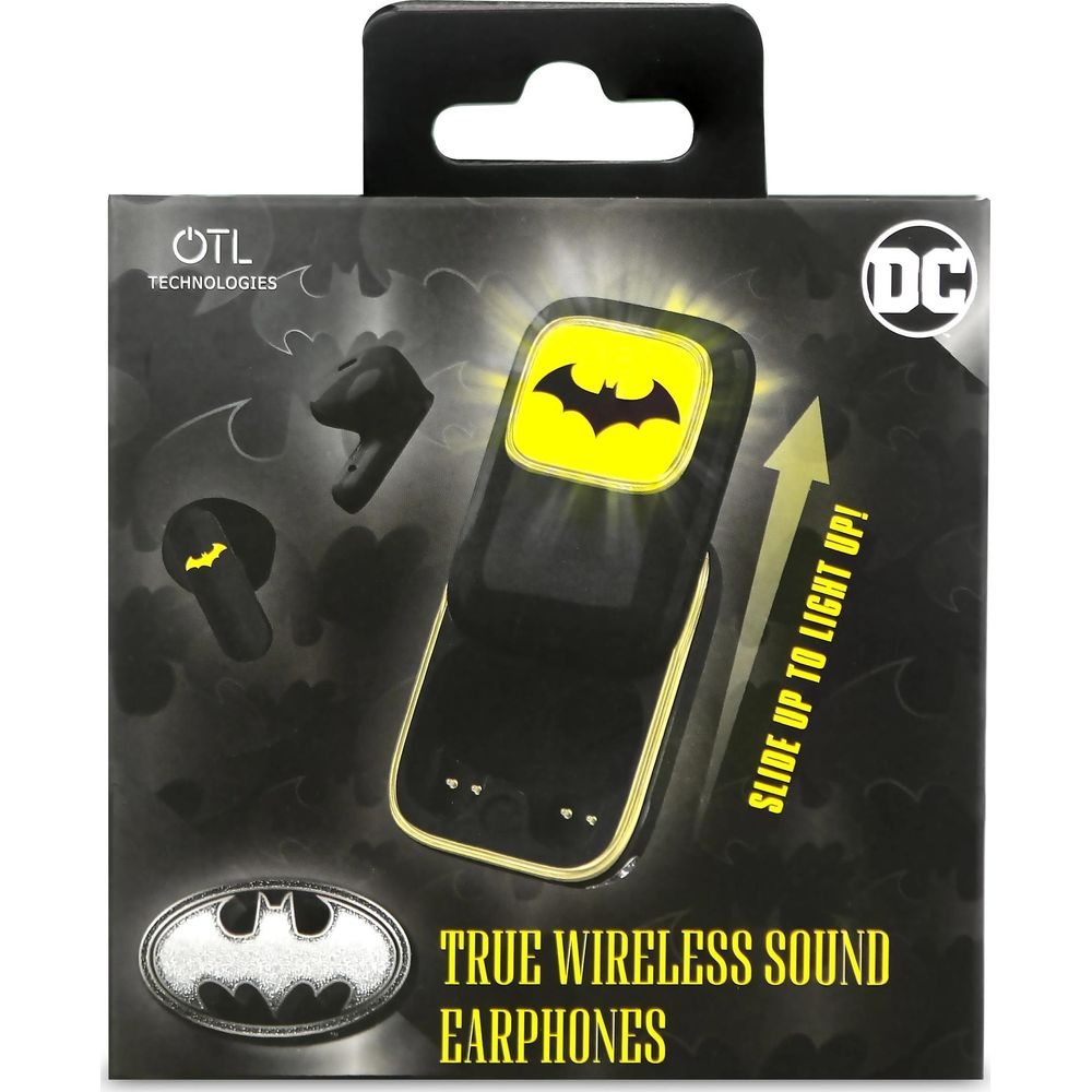 Opakowanie prawdziwie bezprzewodowych słuchawek z logo Batmana i żółtym światłem.