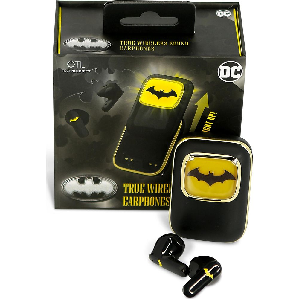 Opakowanie słuchawek Batman ze słuchawkami i etui ładującym, czarne z żółtym logo.