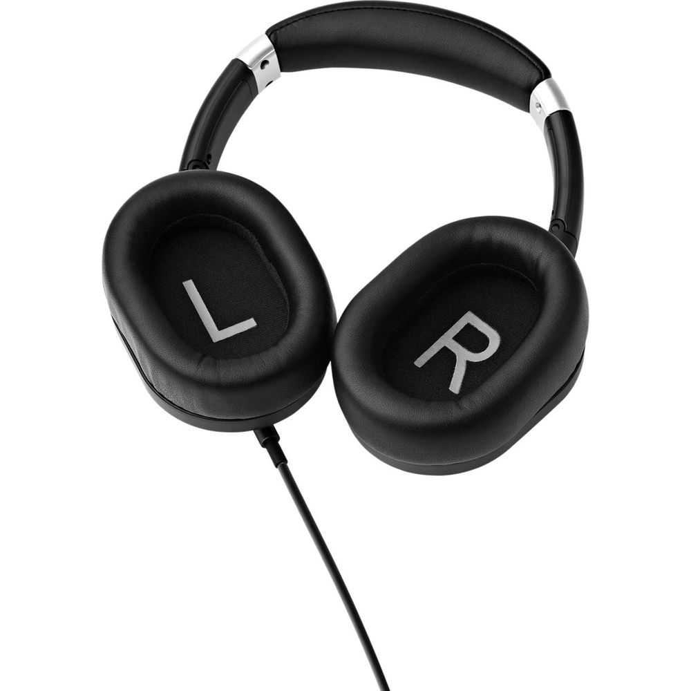 Casque noir avec marquages L et R, fil sortant de l'écouteur gauche.