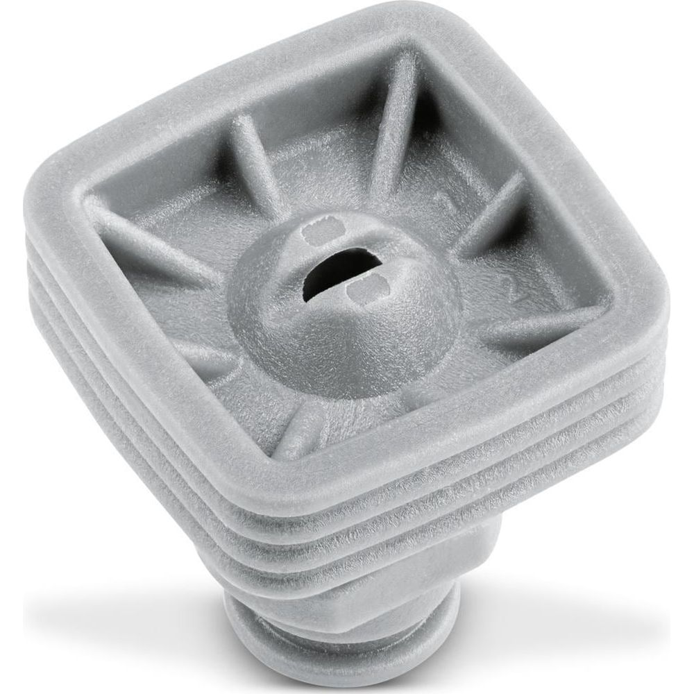 Tapón de plástico gris con eje acanalado y parte superior cuadrada.