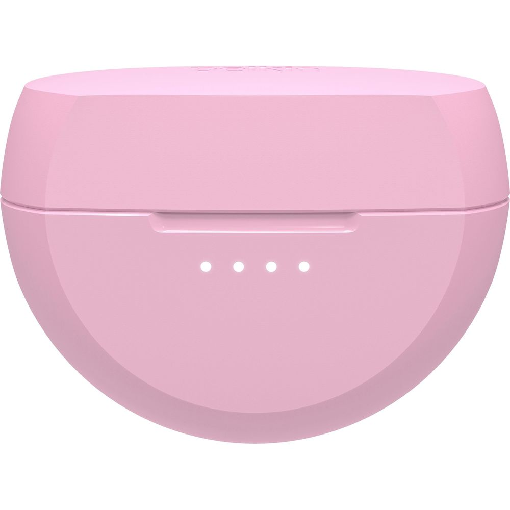 Zamknięte, różowe etui ładujące do słuchawek bezprzewodowych z czterema wskaźnikami LED.