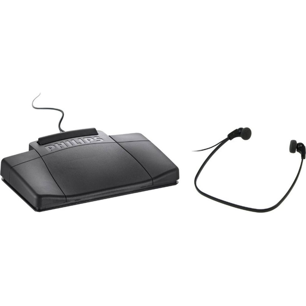 Ein schwarzes Philips Audiogerät mit Ohrhörern auf weißem Hintergrund.