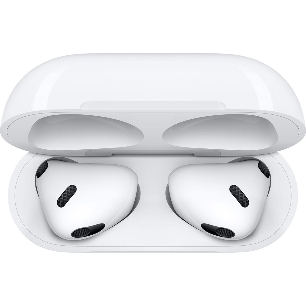 Białe słuchawki bezprzewodowe w otwartym etui ładującym.