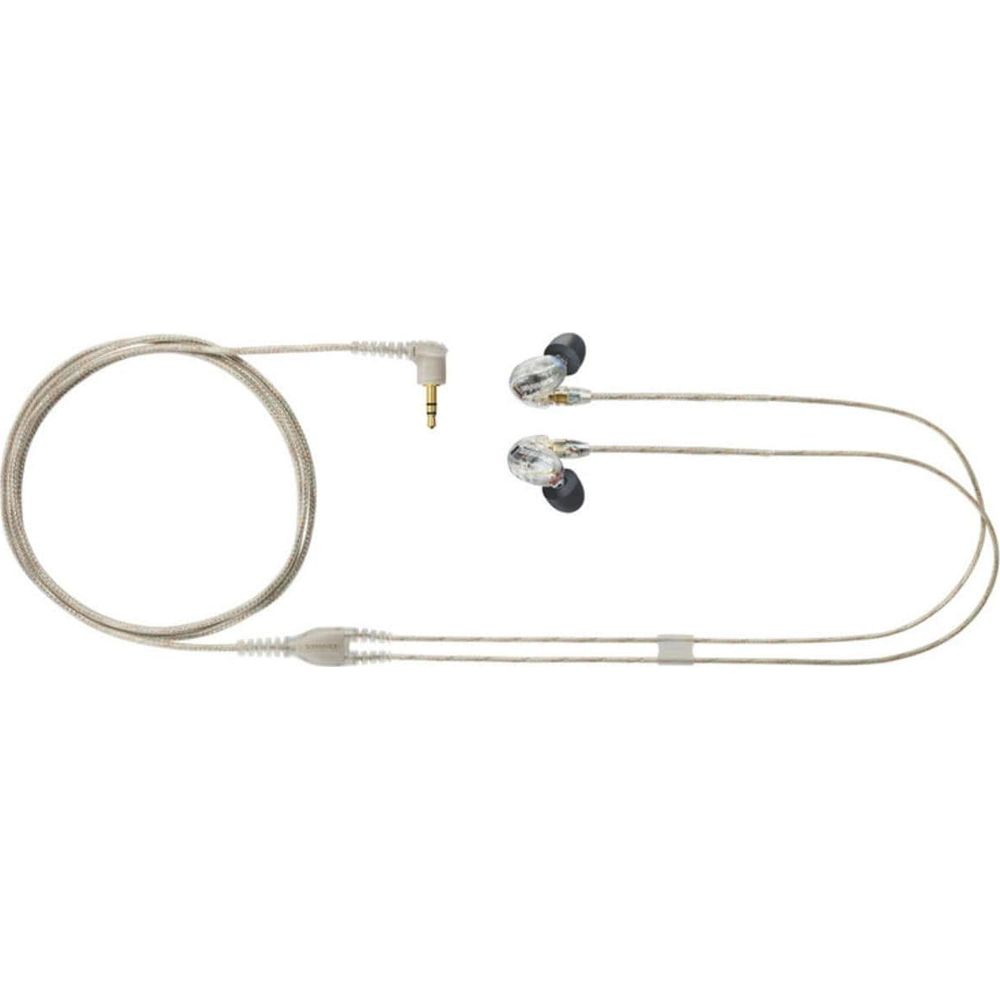 Auricolari trasparenti con cavo argentato e connettore jack.