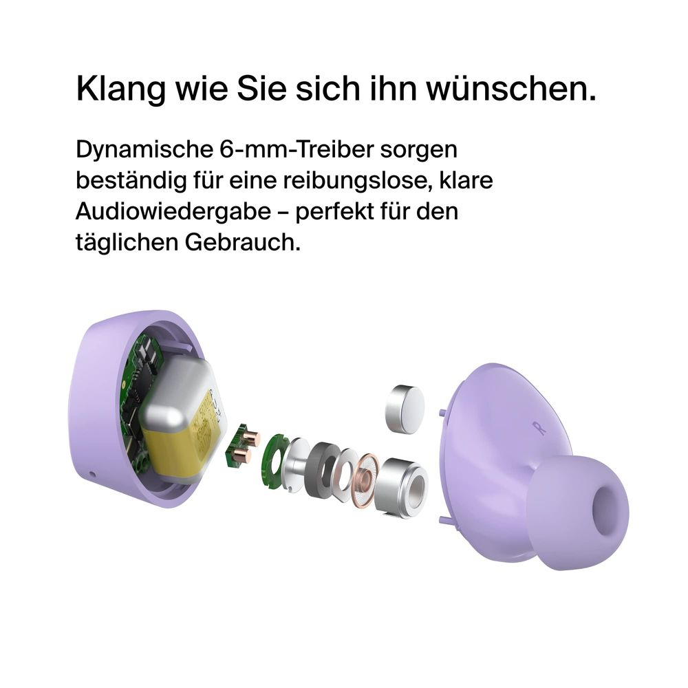 Exploded view van een paars oortje met gedemonteerde componenten en tekst.