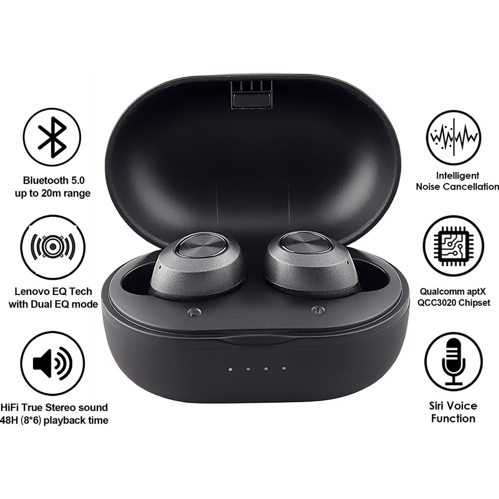 Custodia di ricarica nera con due auricolari grigi, Bluetooth 5.0, Cancellazione rumore.
