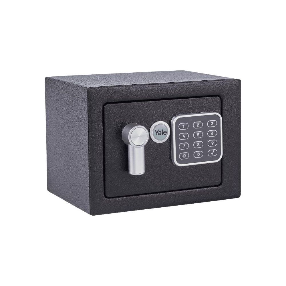 Caja fuerte negra pequeña con asa plateada y teclado digital.