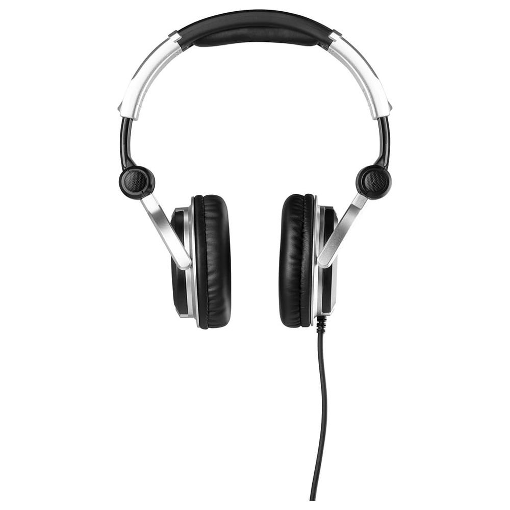 Auriculares negros y plateados con diadema acolchada y orejeras giratorias.