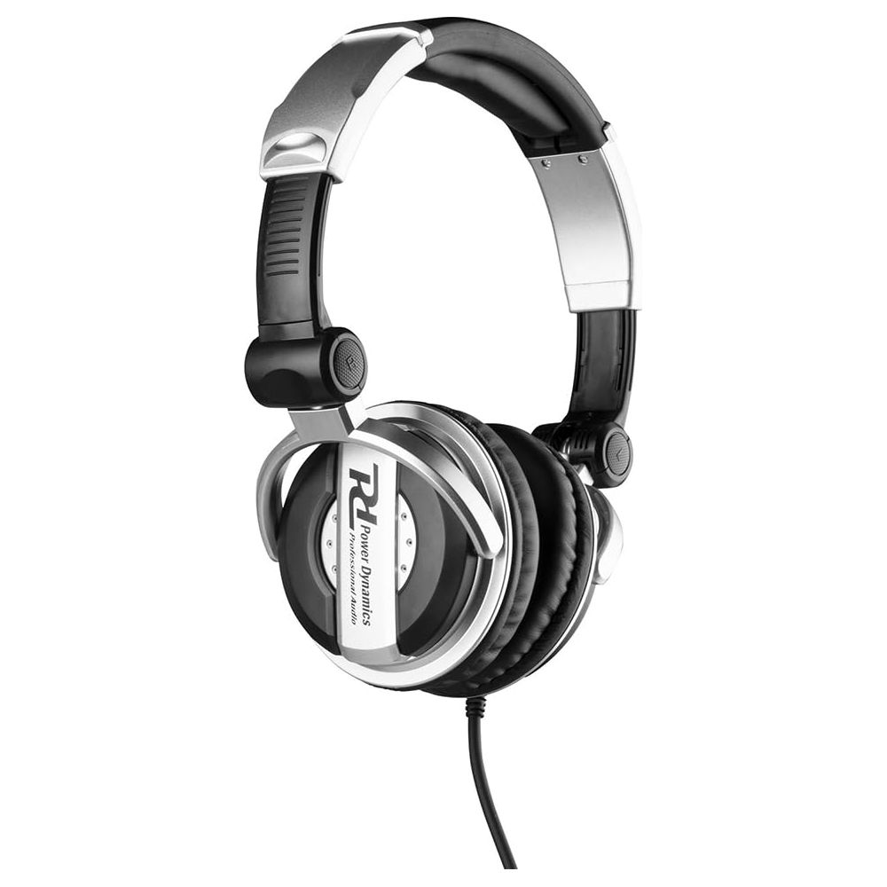 Auriculares negros y plateados con almohadillas y diadema ajustable.