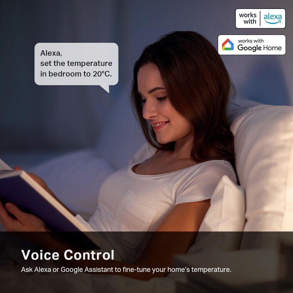 Woman reads book, asks Alexa to set temperature. Works with Alexa/Google.