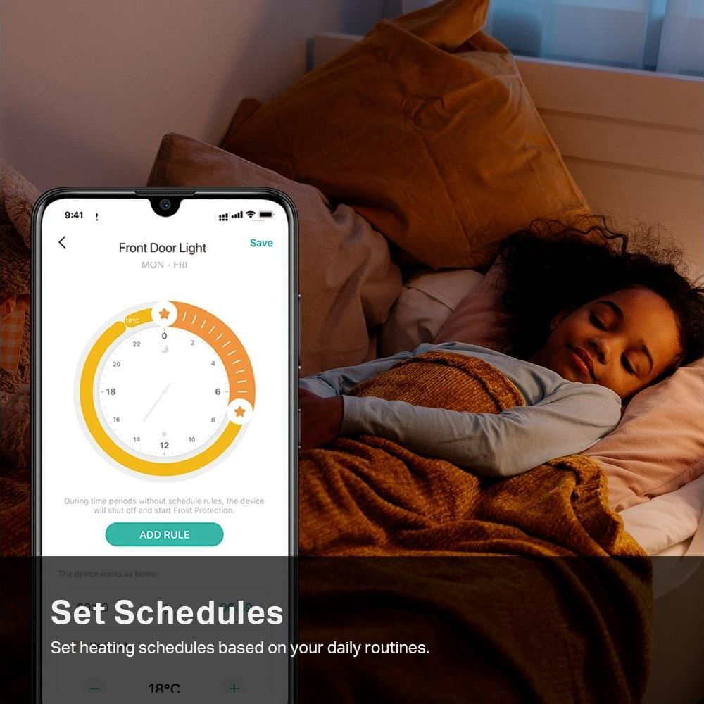 Phone shows thermostat schedule. A child sleeps in bed.