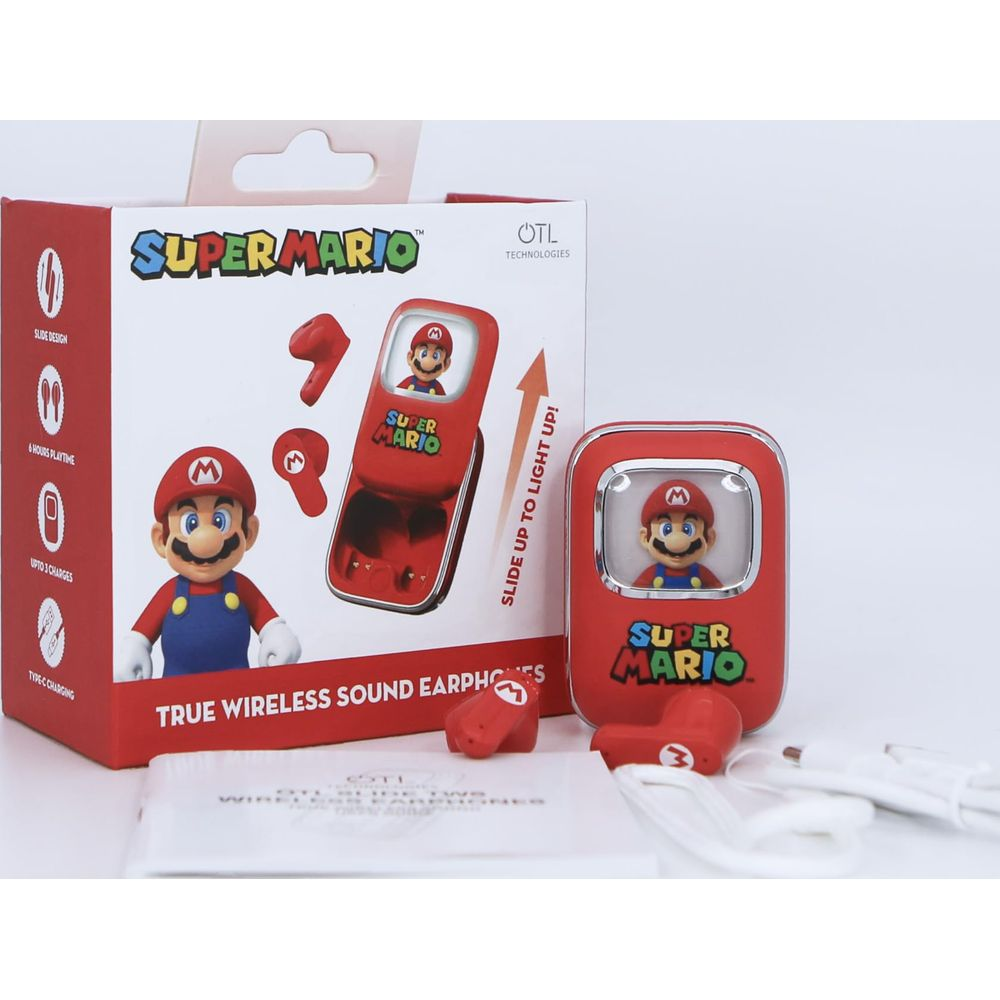 Bezprzewodowe słuchawki Super Mario z etui ładującym. Czerwone, wzór Mario.