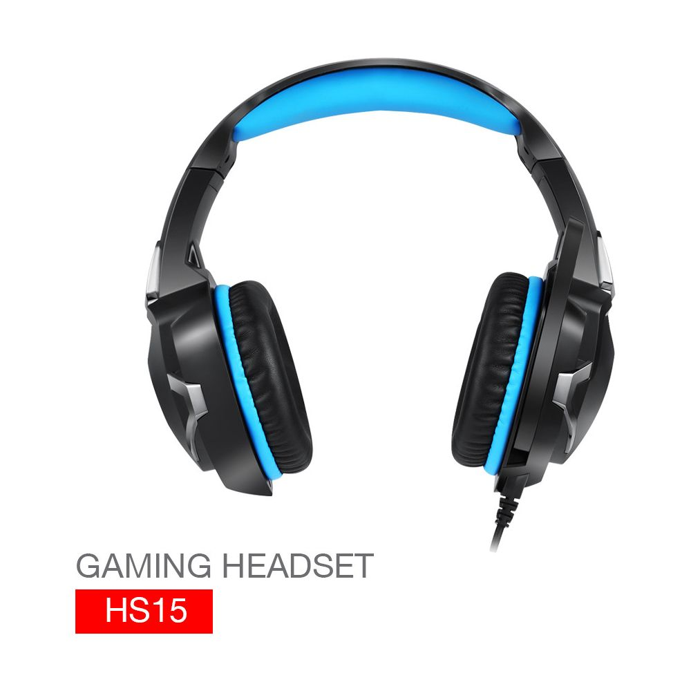 Casque gamer noir avec accents bleus, modèle HS15.