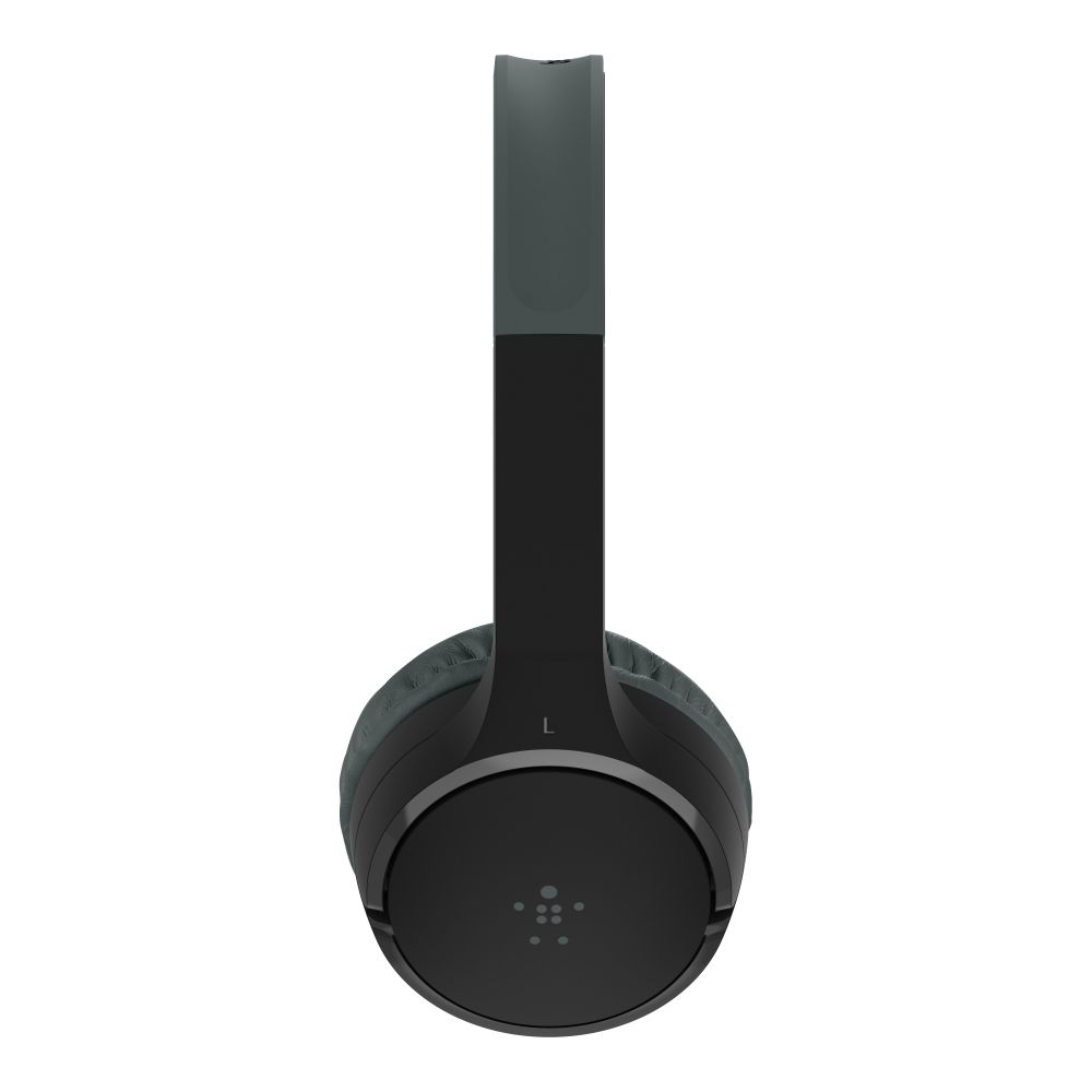 Czarne słuchawki z szarym pałąkiem i nausznikami. Oznaczenie L.