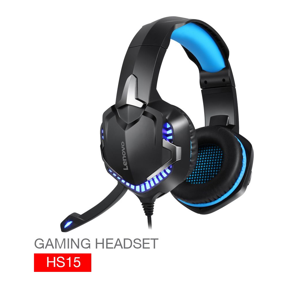 Casque gamer noir avec accents bleus et microphone.