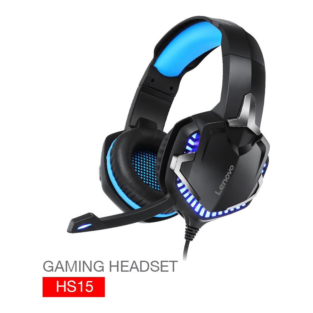 Casque de jeu noir avec des accents bleus et un microphone.